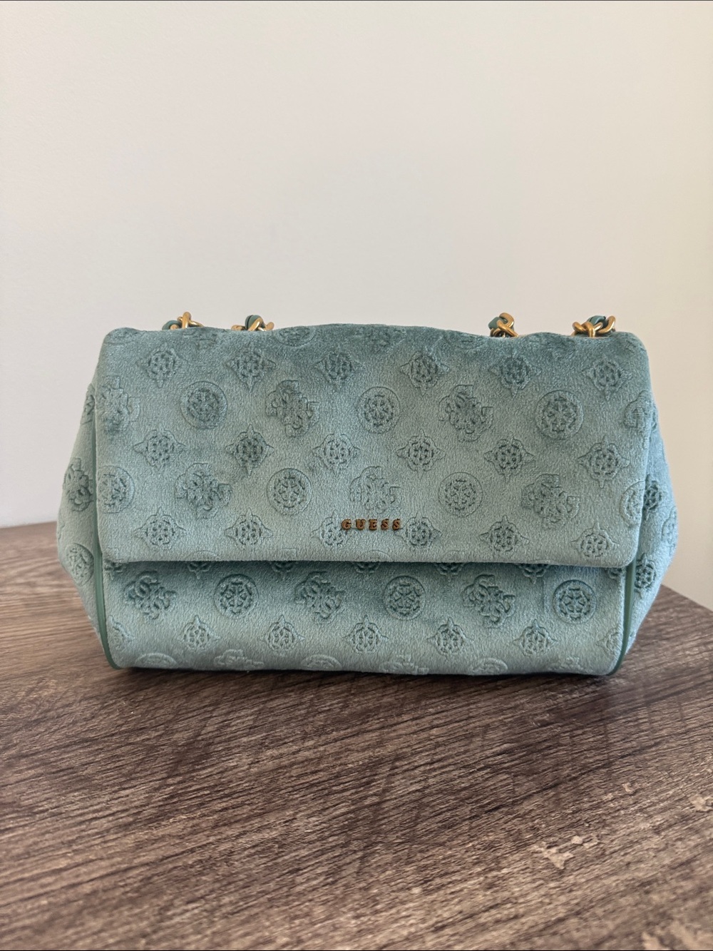 Guess Quilted Logo-Embossed Teal Shoulder Bag with Gold Chain